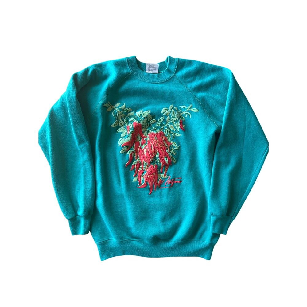 VTG ‘90 Arizona Cactus Prints Puff Chili Peppers Teal USA Made M* Hanes Raglan